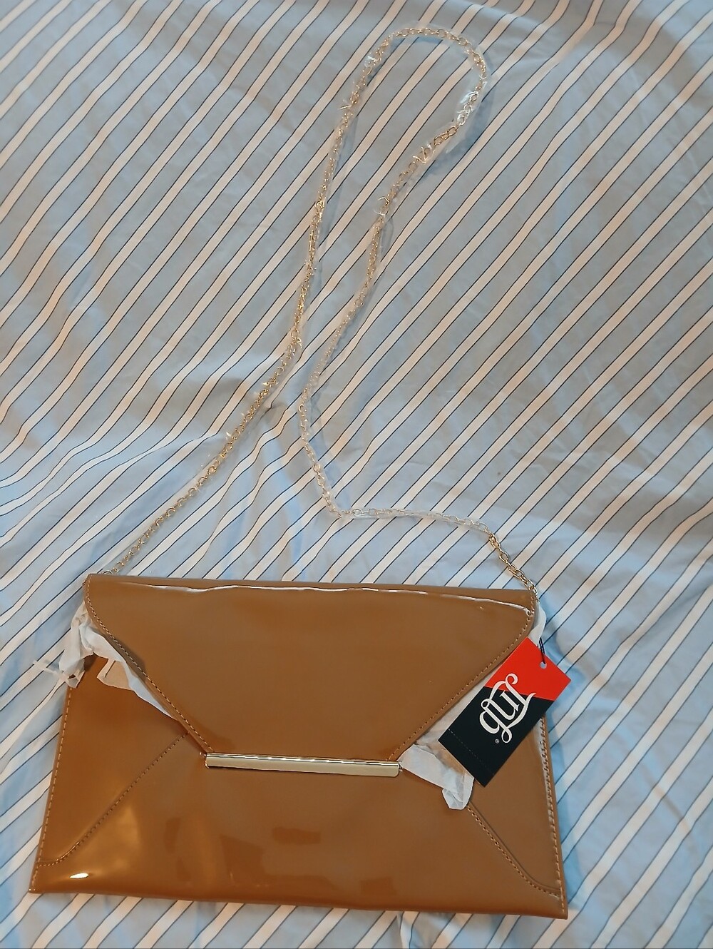 Patent Leather Envelope Crossbody Bag in Camel